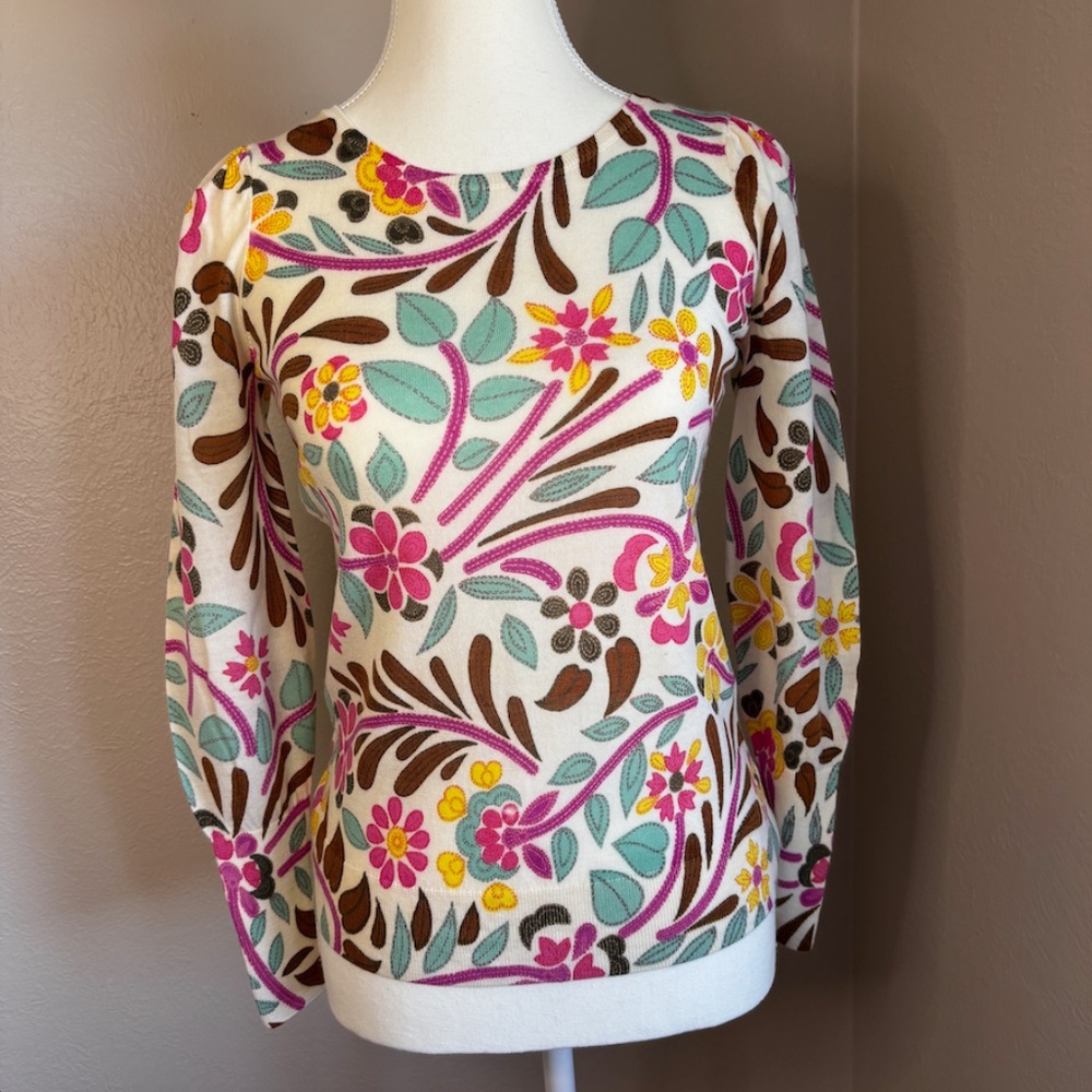 Talbots Floral Crew Neck Sweater in Pink, Yellow, and Brown